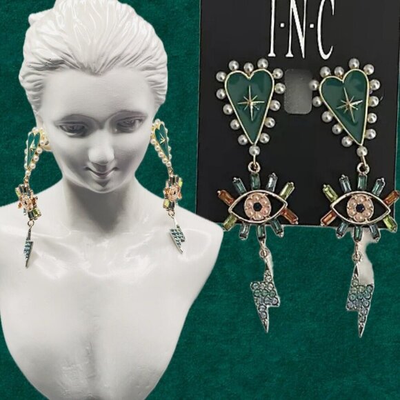 INC Teal Heart -Evil Eye- Bolt Pearl Crystal Detail Triple Drop Linear Earrings - Picture 1 of 3